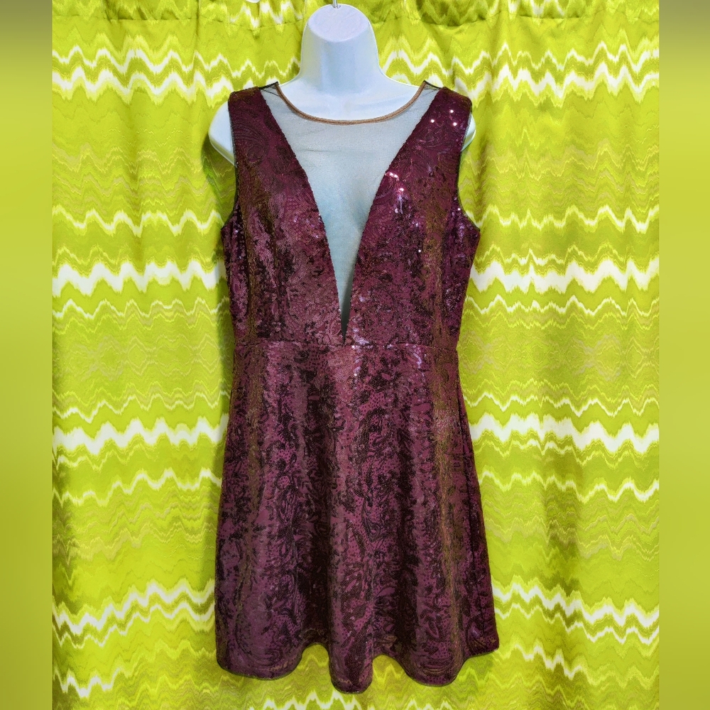 Deep Plum Plunging Neckline Sequin Party Dress